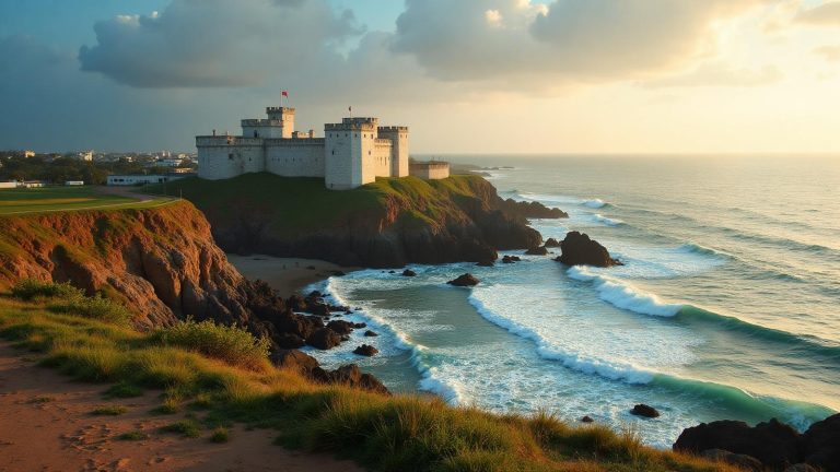 Cape Coast Castle on a clifftop above the sea