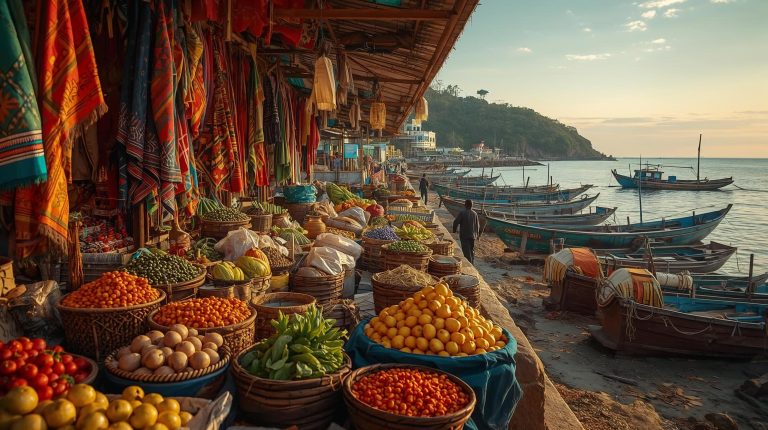Fruit, spices and cloth at a coastal market