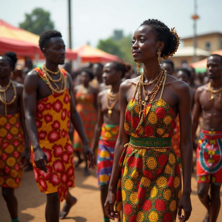 People in kente at a festival procession