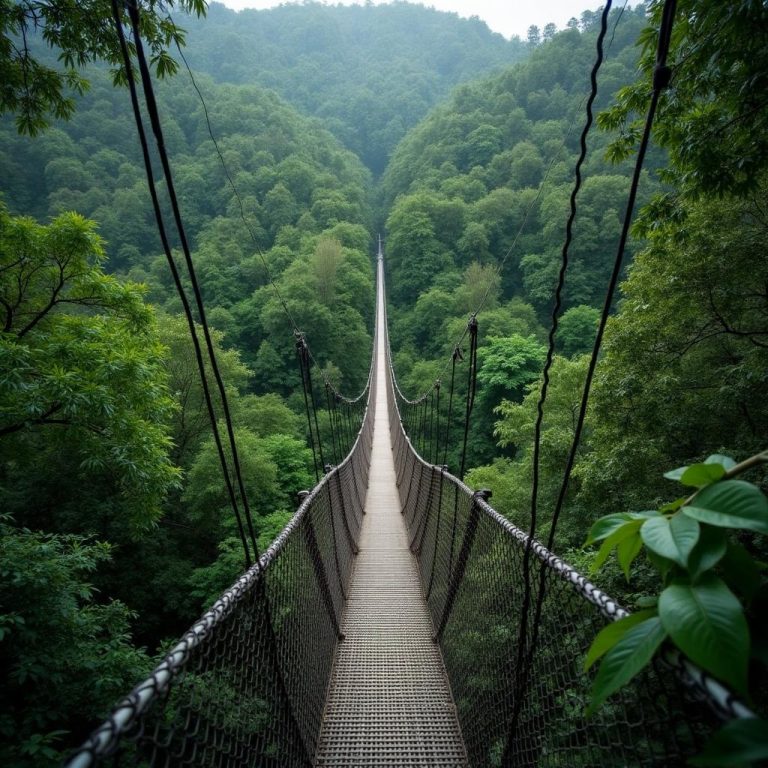 The Kakum canopy walkway above the rainforest