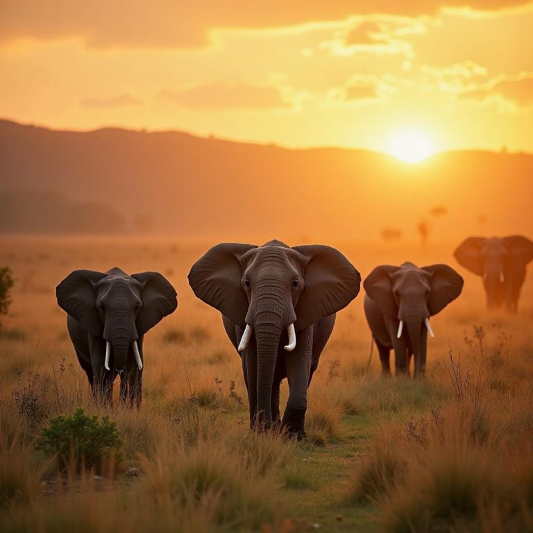 Elephants on the savannah at sunset in Mole National Park