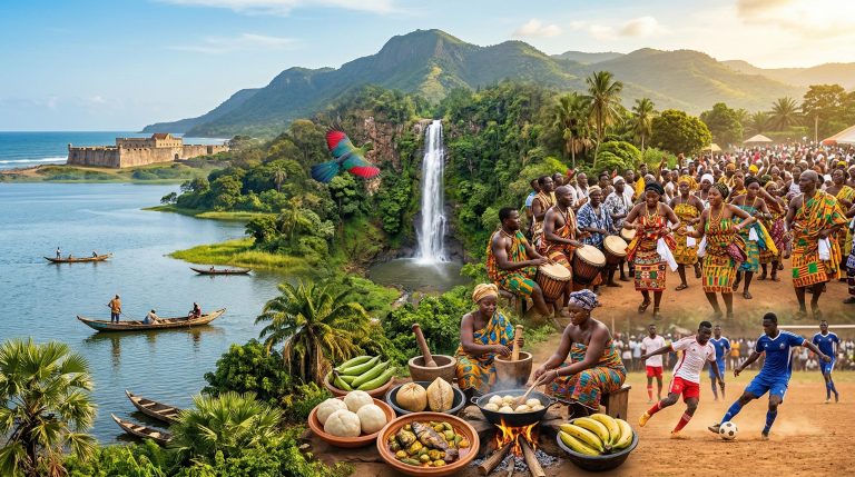 Waterfall, lake and hills in the Volta Region