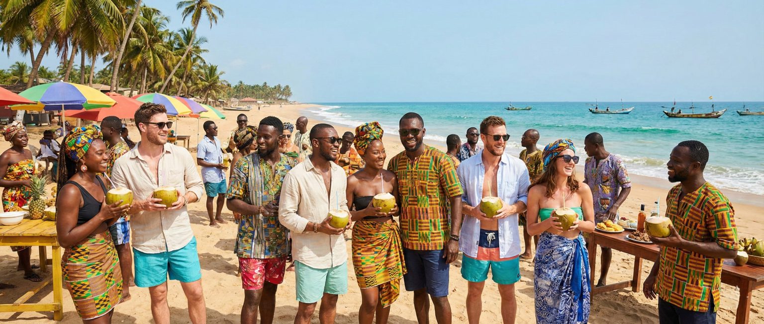 Friends from Ghana and abroad sharing fresh coconuts on a palm-lined beach