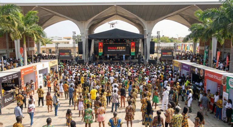 Crowds in kente at a PANAFEST stage
