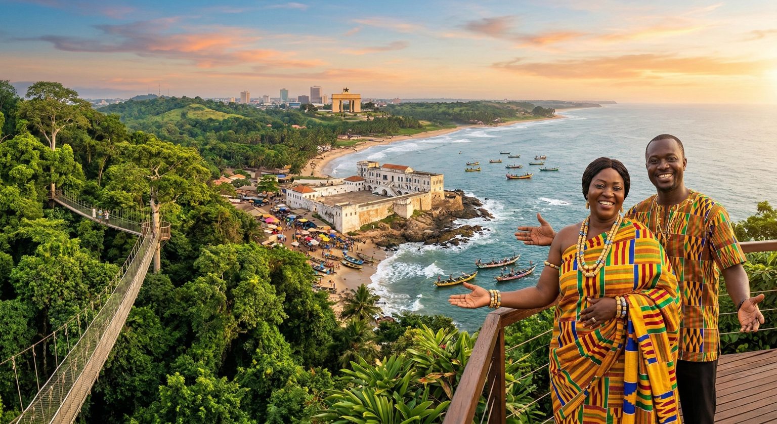Two travellers looking out over the Ghanaian coast