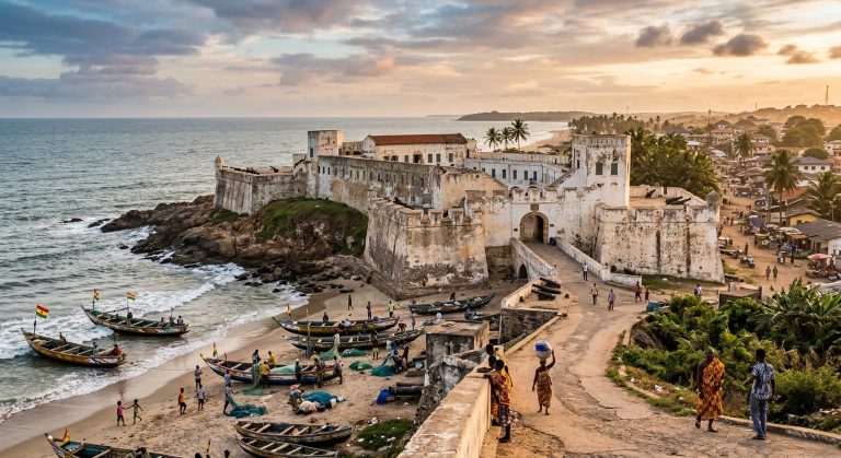 A whitewashed coastal fort above fishing canoes