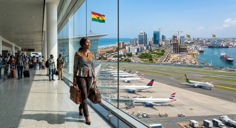 A traveller in Accra's airport terminal