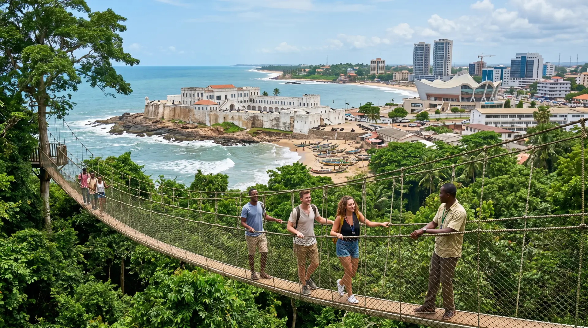 Travellers on a canopy walkway above the Ghana coast