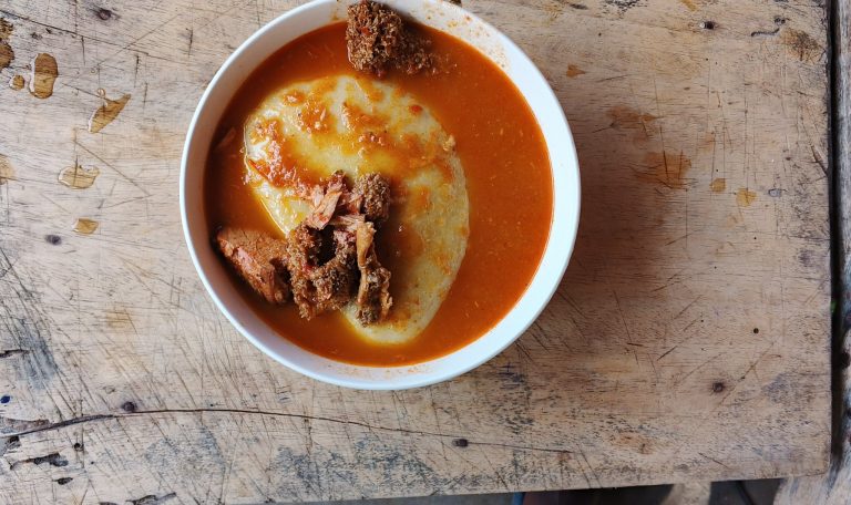 A bowl of fufu with soup