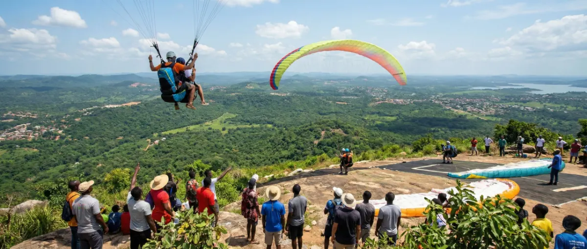 Crowds watching paragliders at Kwahu Easter